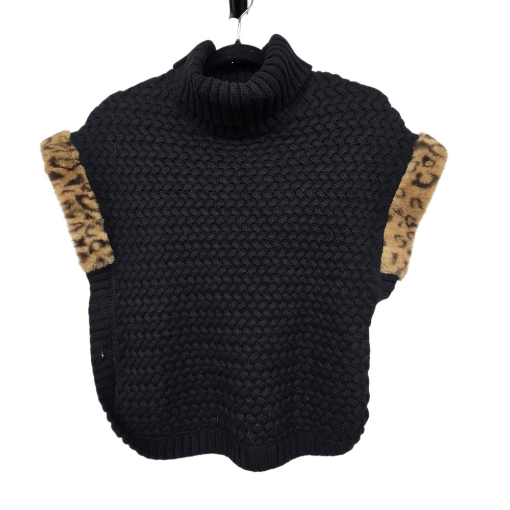 Aspen Faux Fur Trimmed Poncho Sweater Poncho Girls Size 10/12 Black Brown Cozy